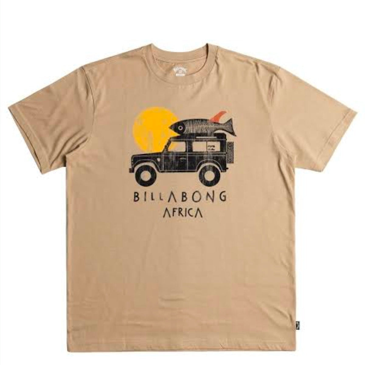 Beige t-shirt with graphic design and 'Billabong Africa' text on a white background