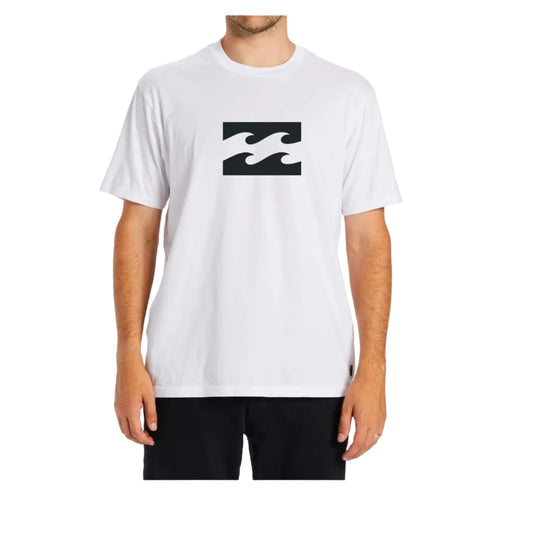 Person wearing a white t-shirt with a black logo on a white background