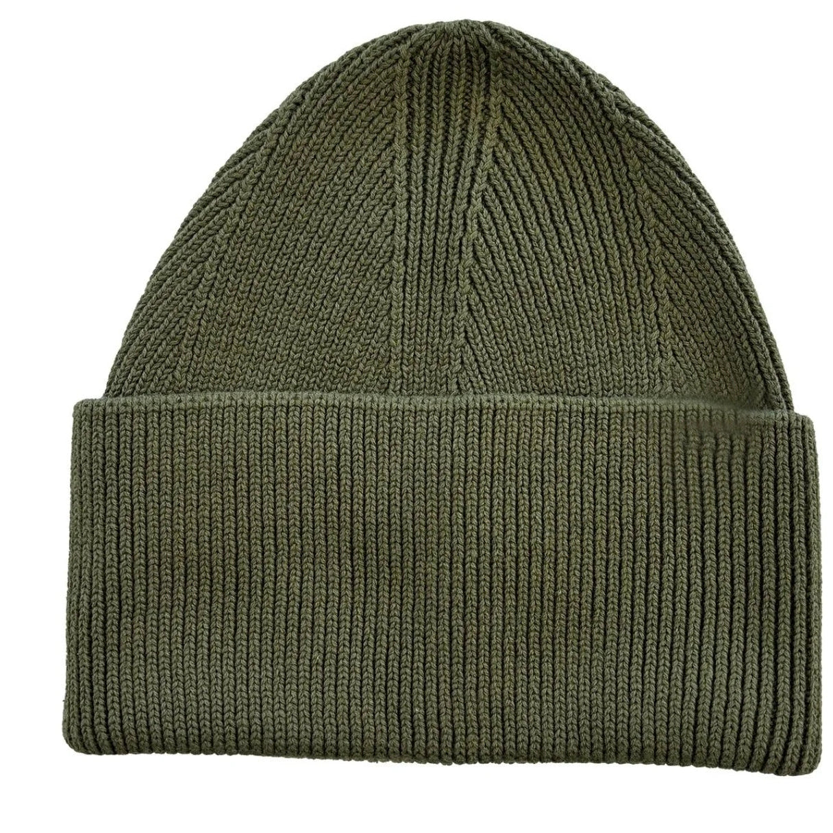 Green knit beanie on a white background