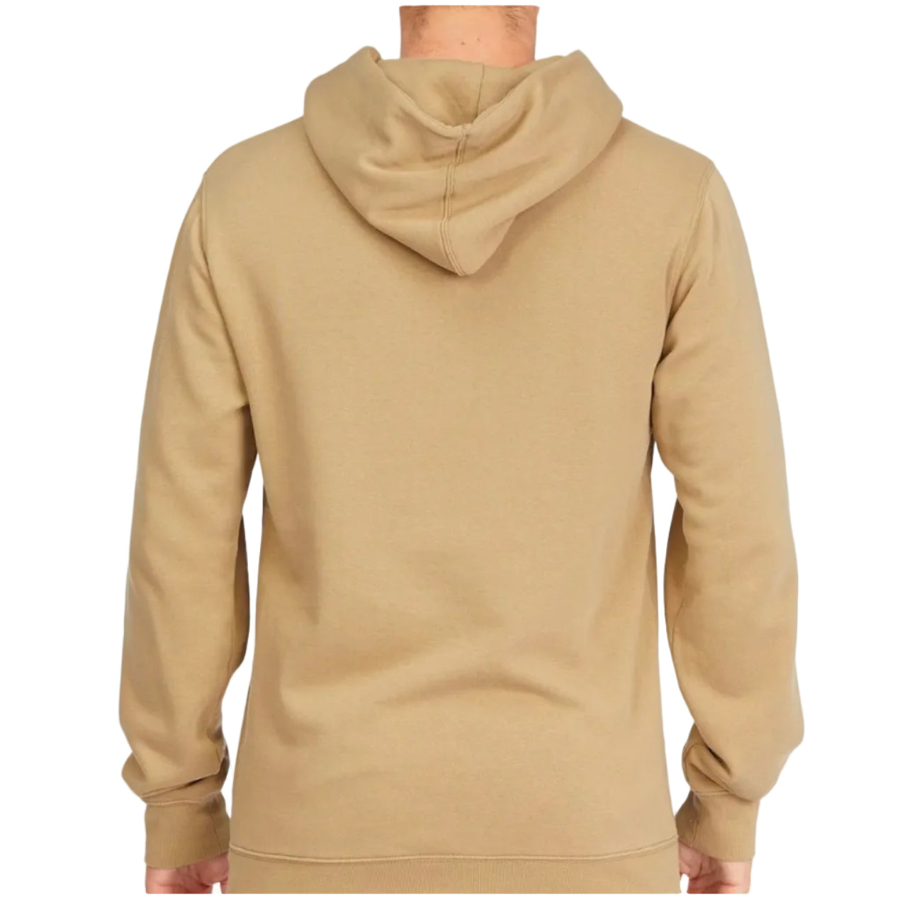 Beige hoodie worn by a person on a white background