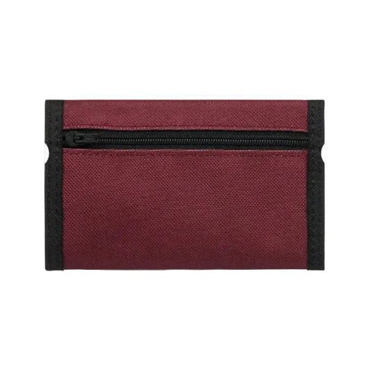 Maroon pouch with a black zipper on a white background