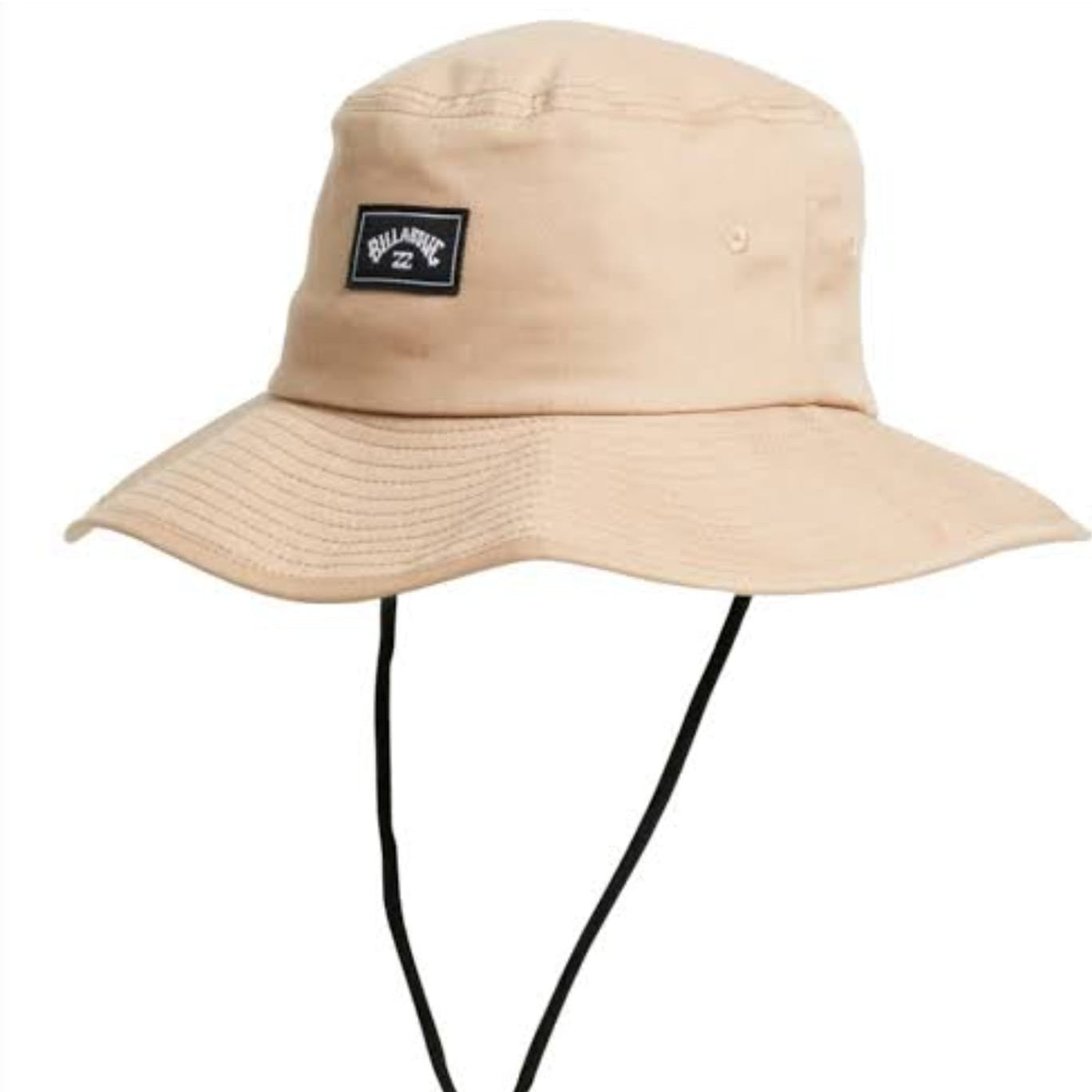 Beige bucket hat with a logo on a white background