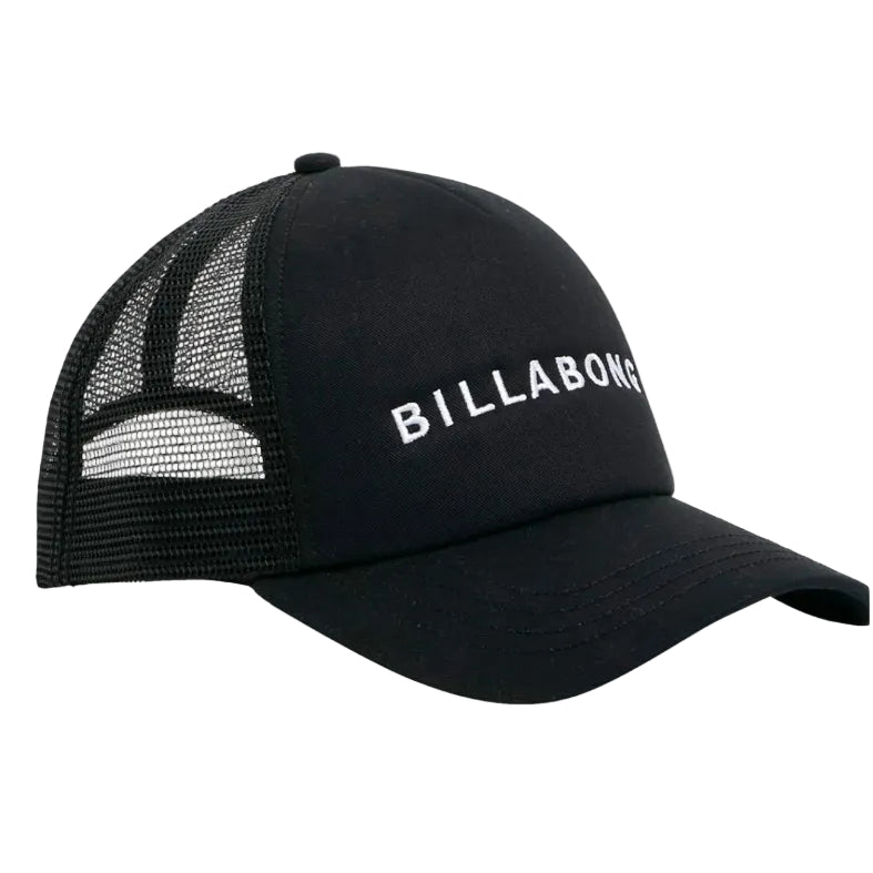 Black mesh cap with 'Billabong' logo on a white background