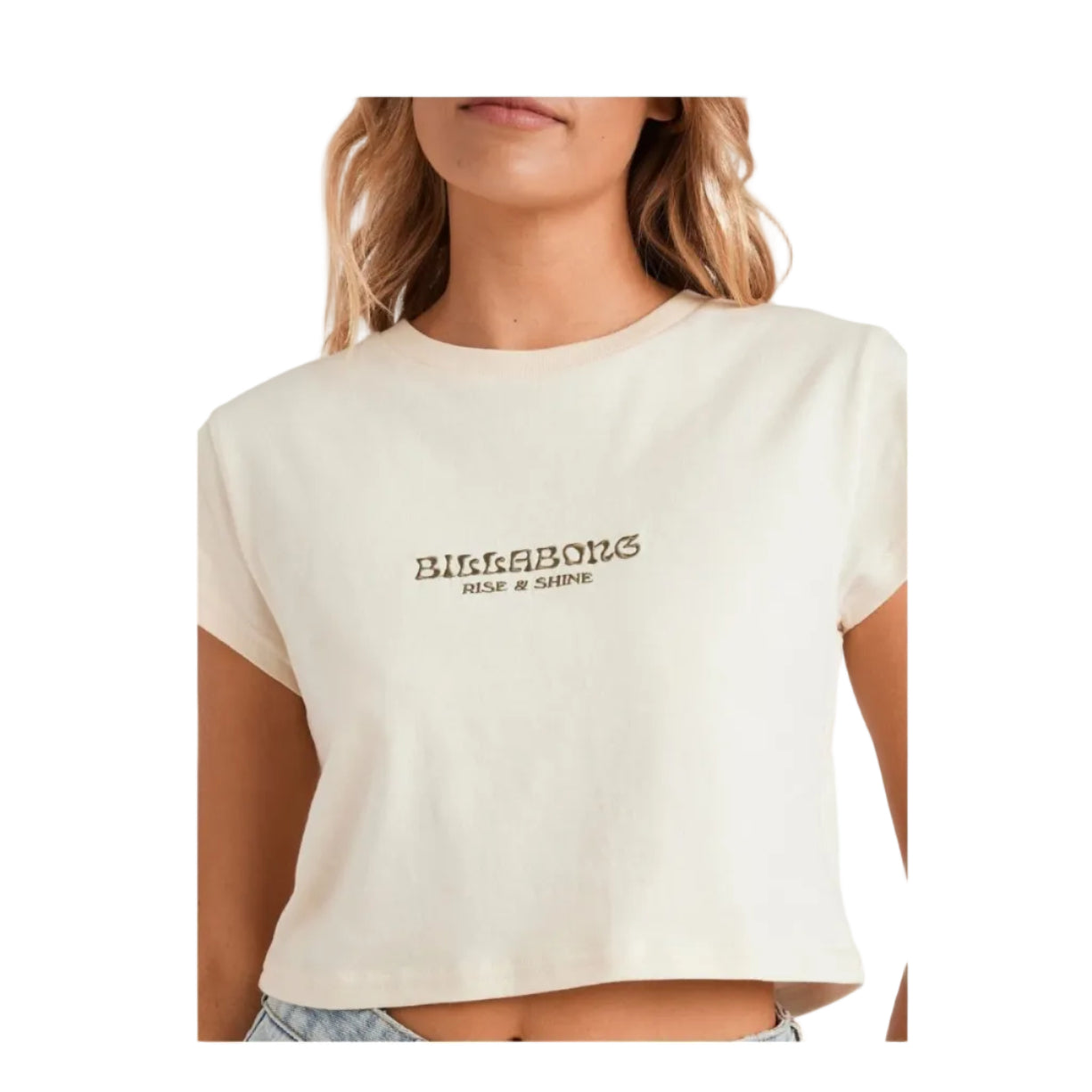 Person wearing a cream-colored t-shirt with Billabong logo