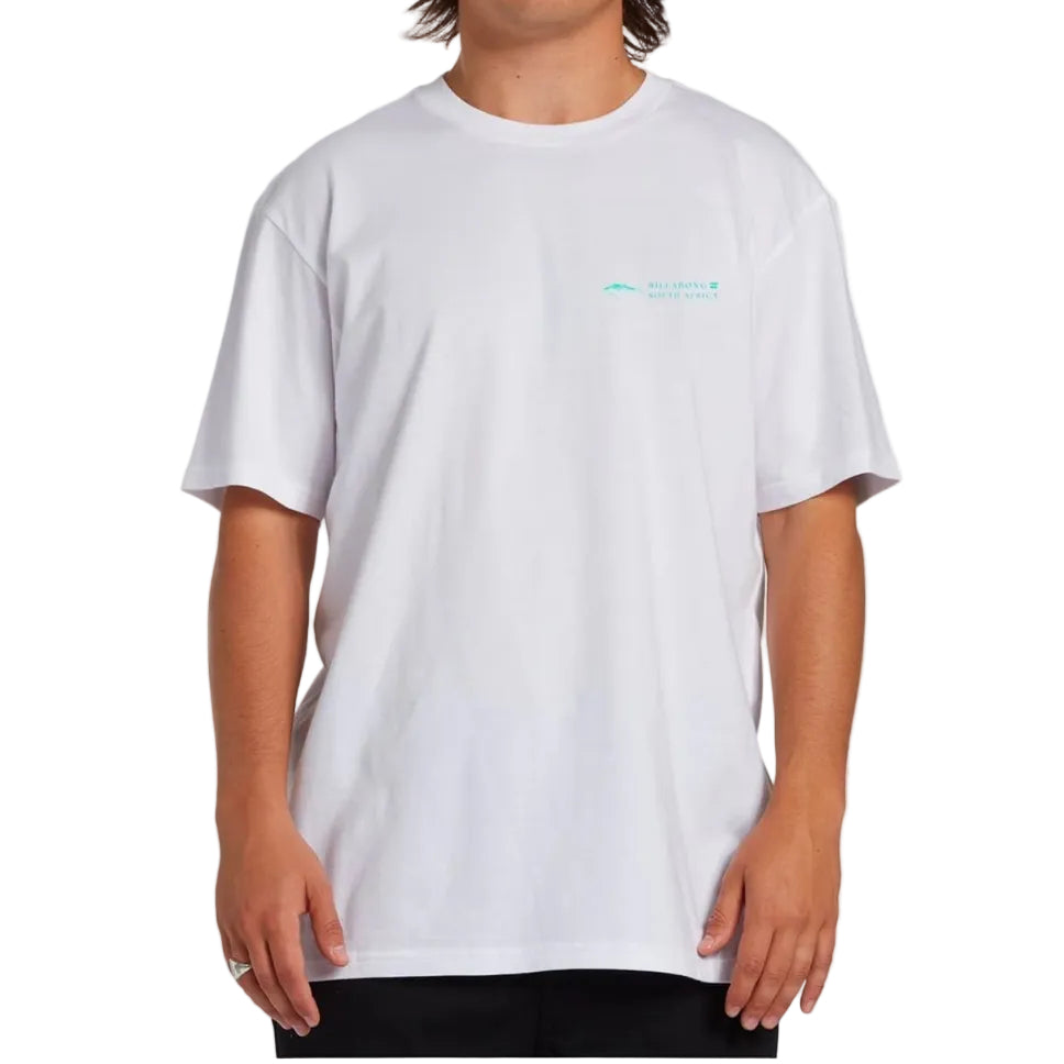 Person wearing a white t-shirt with a logo on a white background