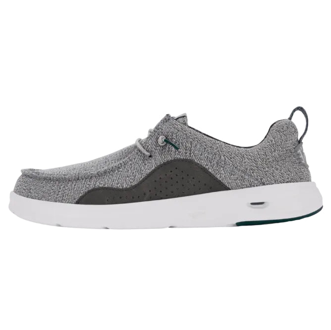 Gray and black shoe with white sole on a white background