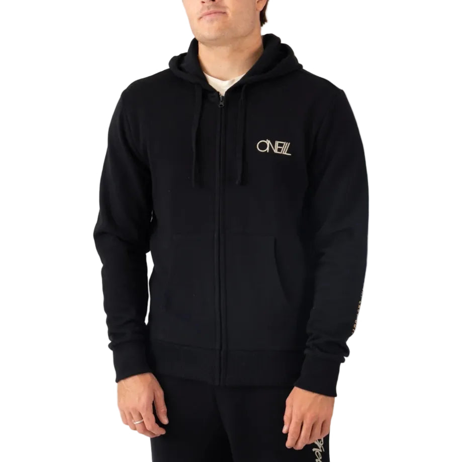 Person wearing a black hoodie with a brand logo on a white background