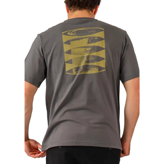 Person wearing a gray t-shirt with a yellow graphic on the back against a plain background
