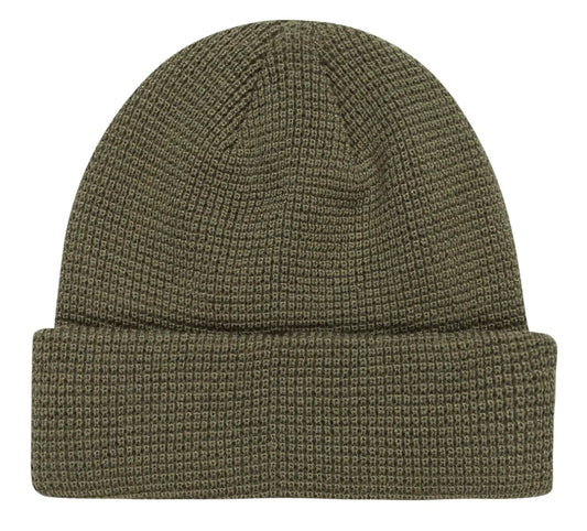 Green knit beanie on a white background