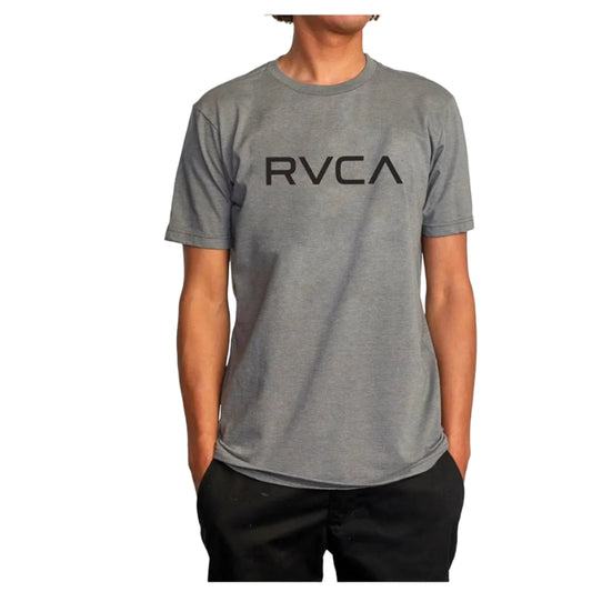 Person wearing a gray RVCA t-shirt on a white background