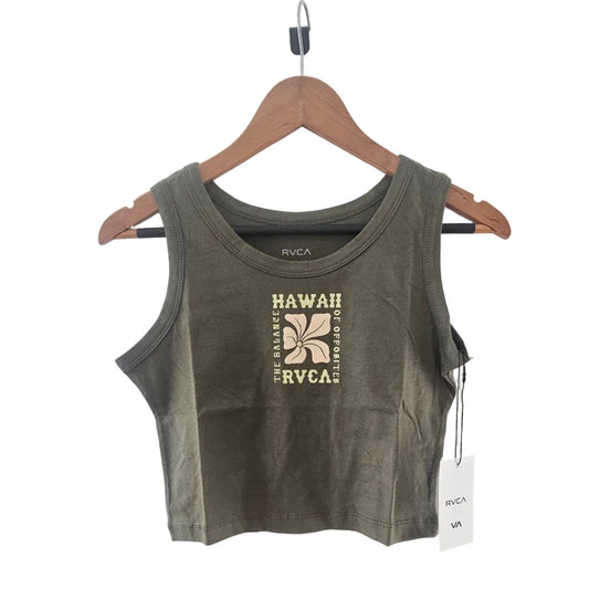 Green tank top with a brand logo on a hanger against a white background