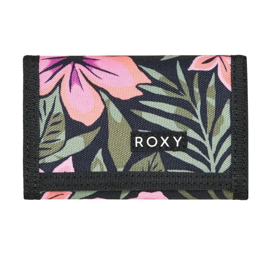 Floral patterned wallet with 'ROXY' branding on a white background
