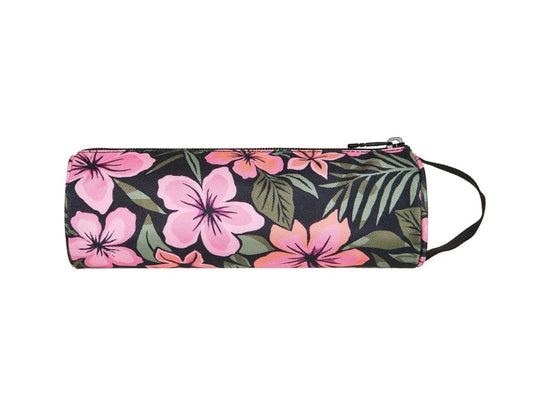 Floral-patterned pencil case with pink flowers and green leaves on a black background