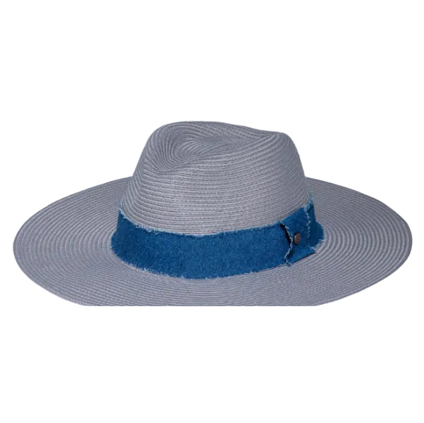 Blue straw hat with a wide brim on a white background