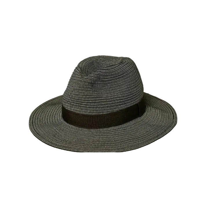 Gray straw hat with a black band on a white background