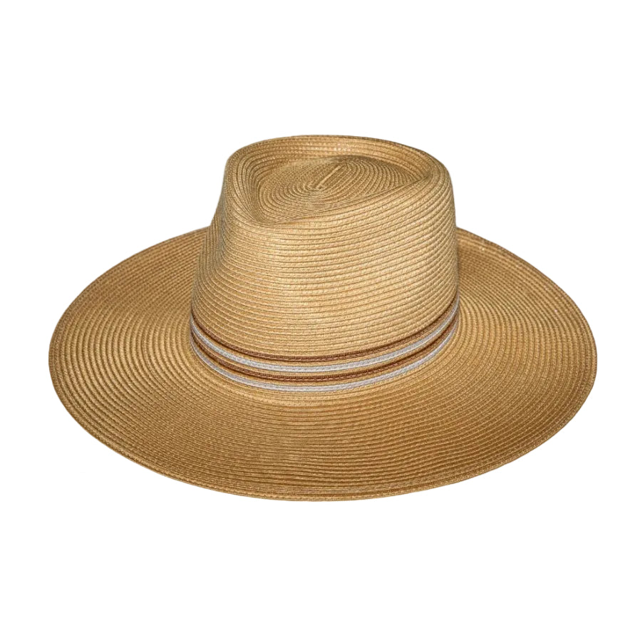 Beige straw hat with a wide brim on a white background