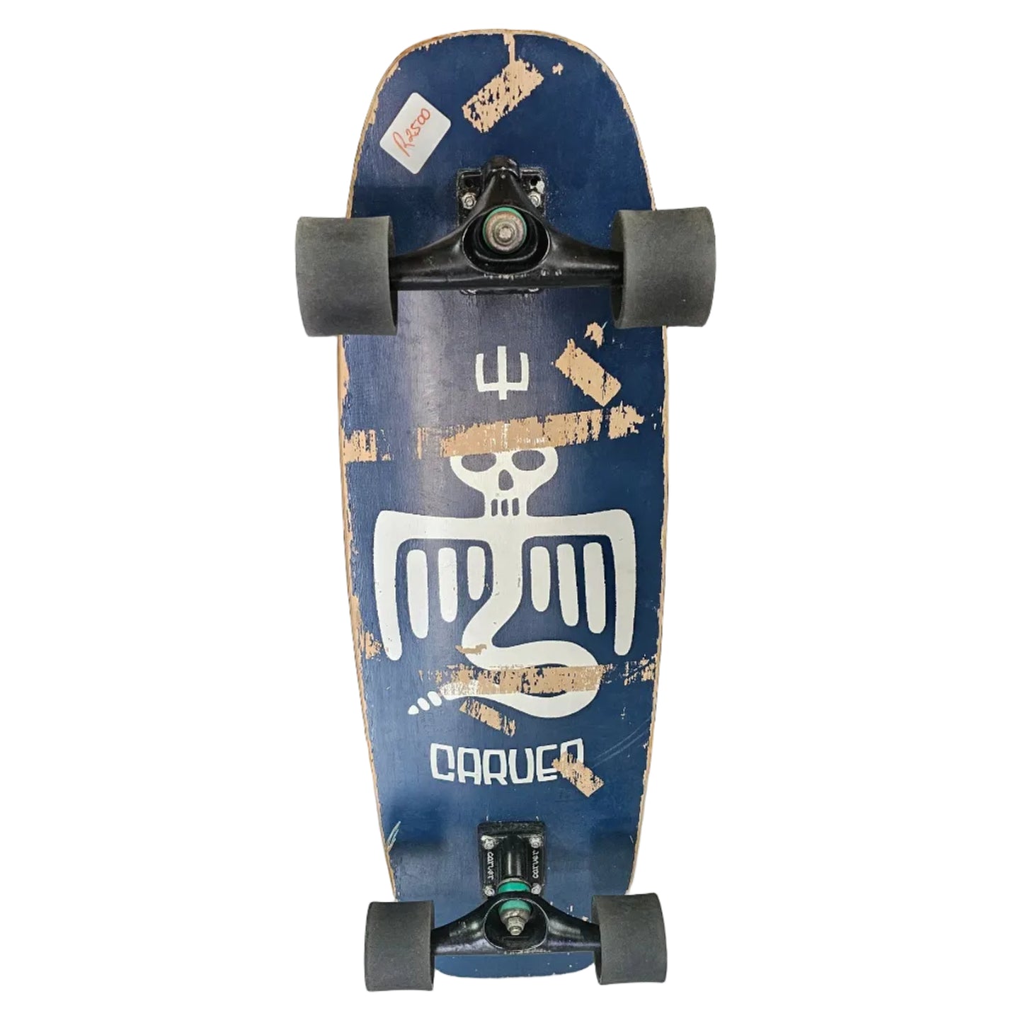 Skateboard with a blue deck and white graphics leaning against a wooden door.