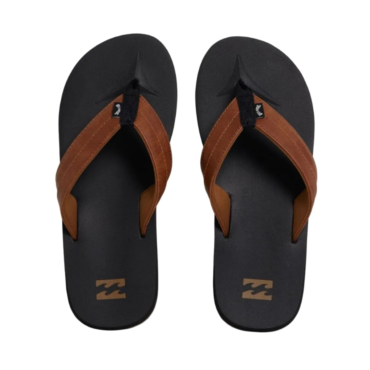 Black and brown flip-flops with Billabong logo on a white background
