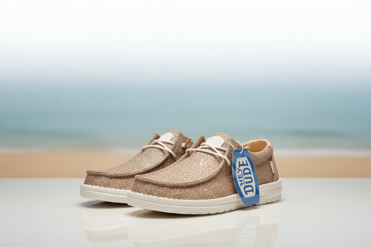Pair of brown shoes with a blue tag on a light background