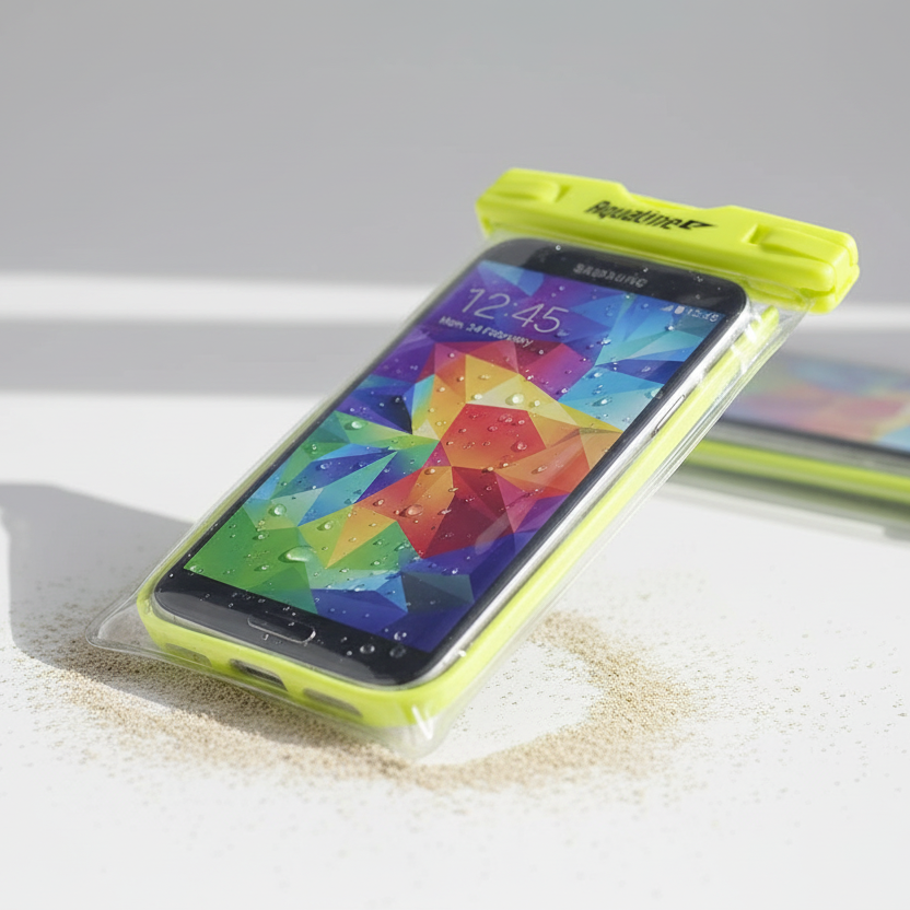Smartphone with a yellow waterproof case on a white surface
