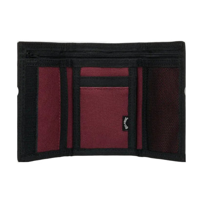 Black wallet with red interior sections on a white background