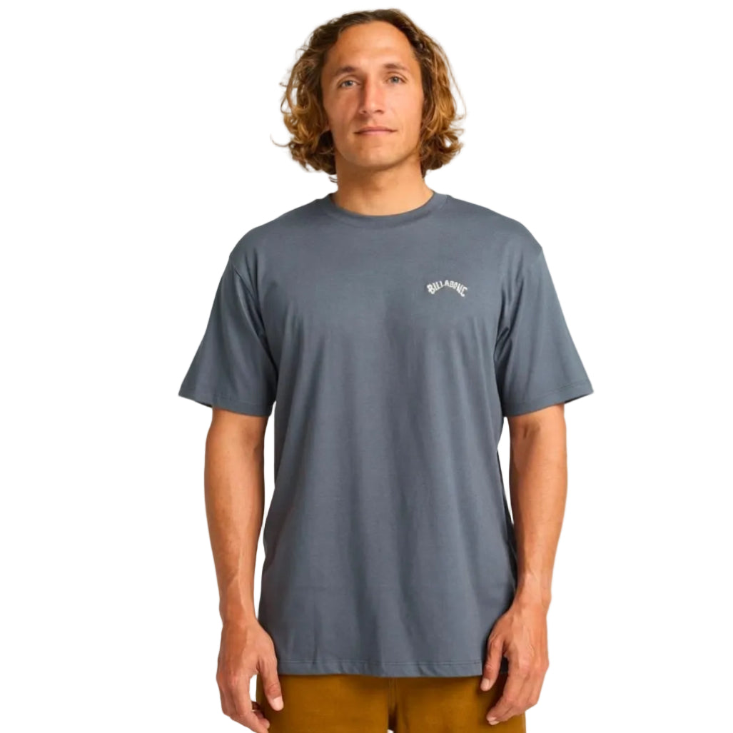 Man wearing a gray t-shirt with a logo on a white background