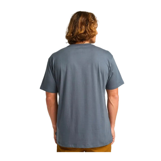 Person wearing a gray t-shirt on a white background