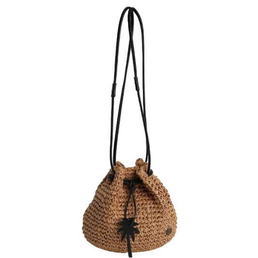 Crocheted bag with a drawstring on a white background