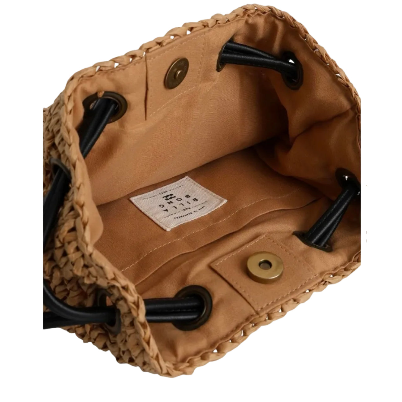 Close-up of a brown woven bag with black drawstrings and visible brand label.