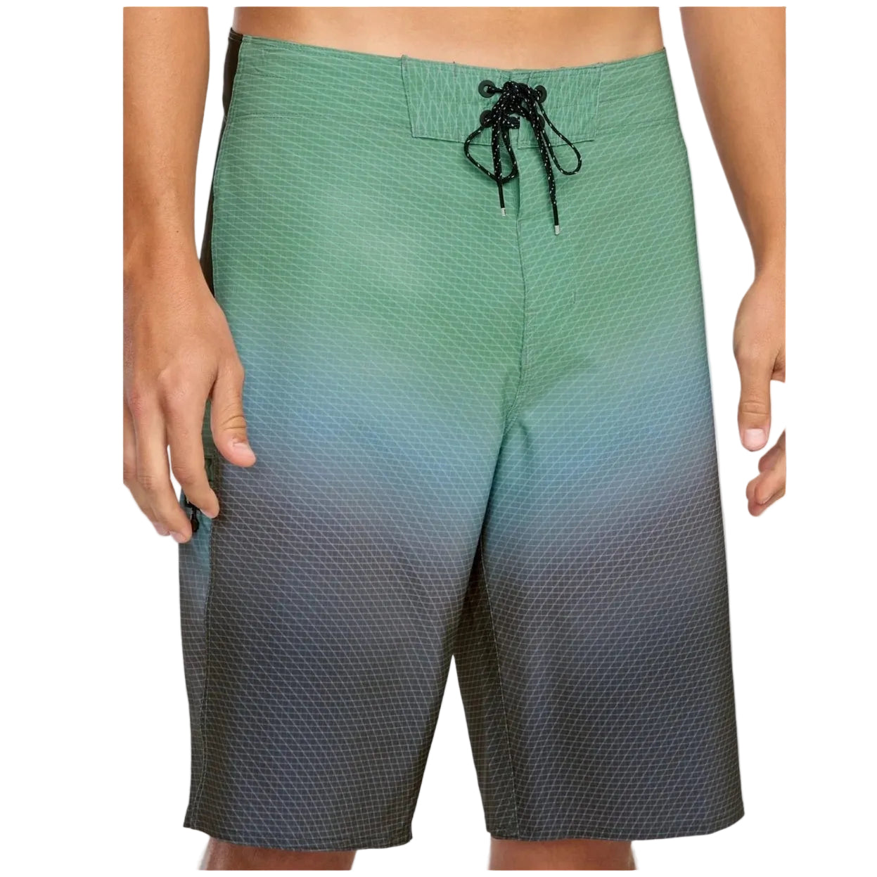 Green and gray gradient shorts with a drawstring on a white background