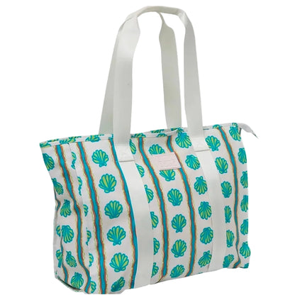 Tote bag with shell and stripe pattern on a white background