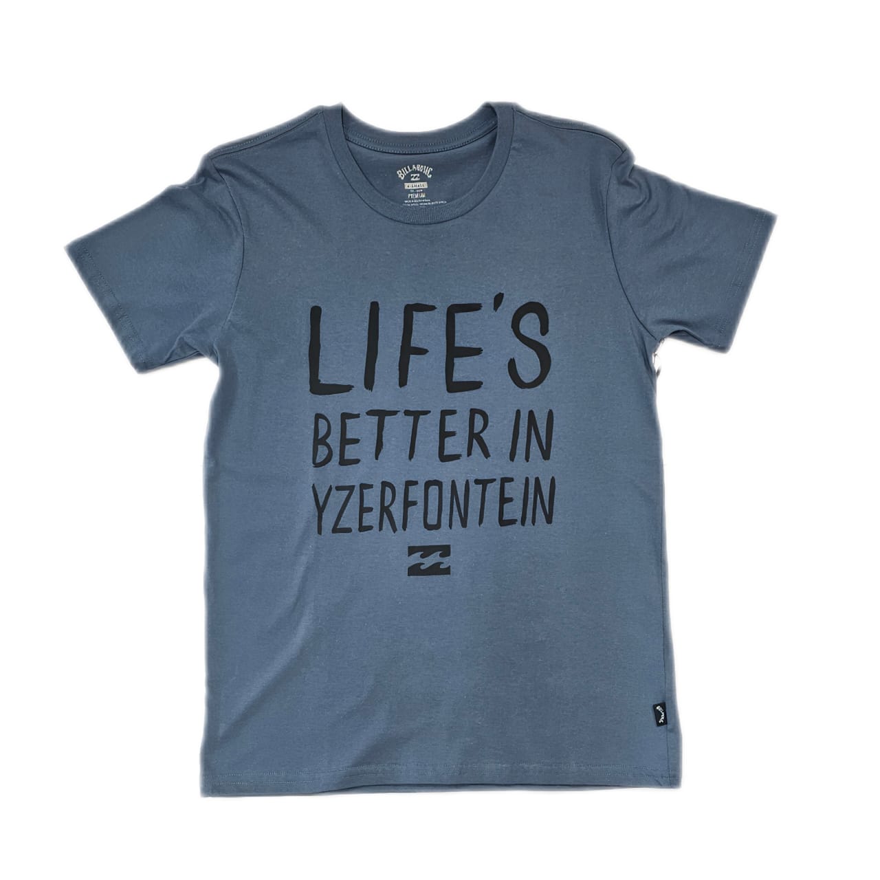 Blue t-shirt with 'LIFE'S BETTER IN YZERFONTEIN' text on a white background