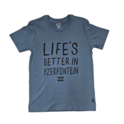 Blue t-shirt with 'LIFE'S BETTER IN YZERFONTEIN' text on a white background