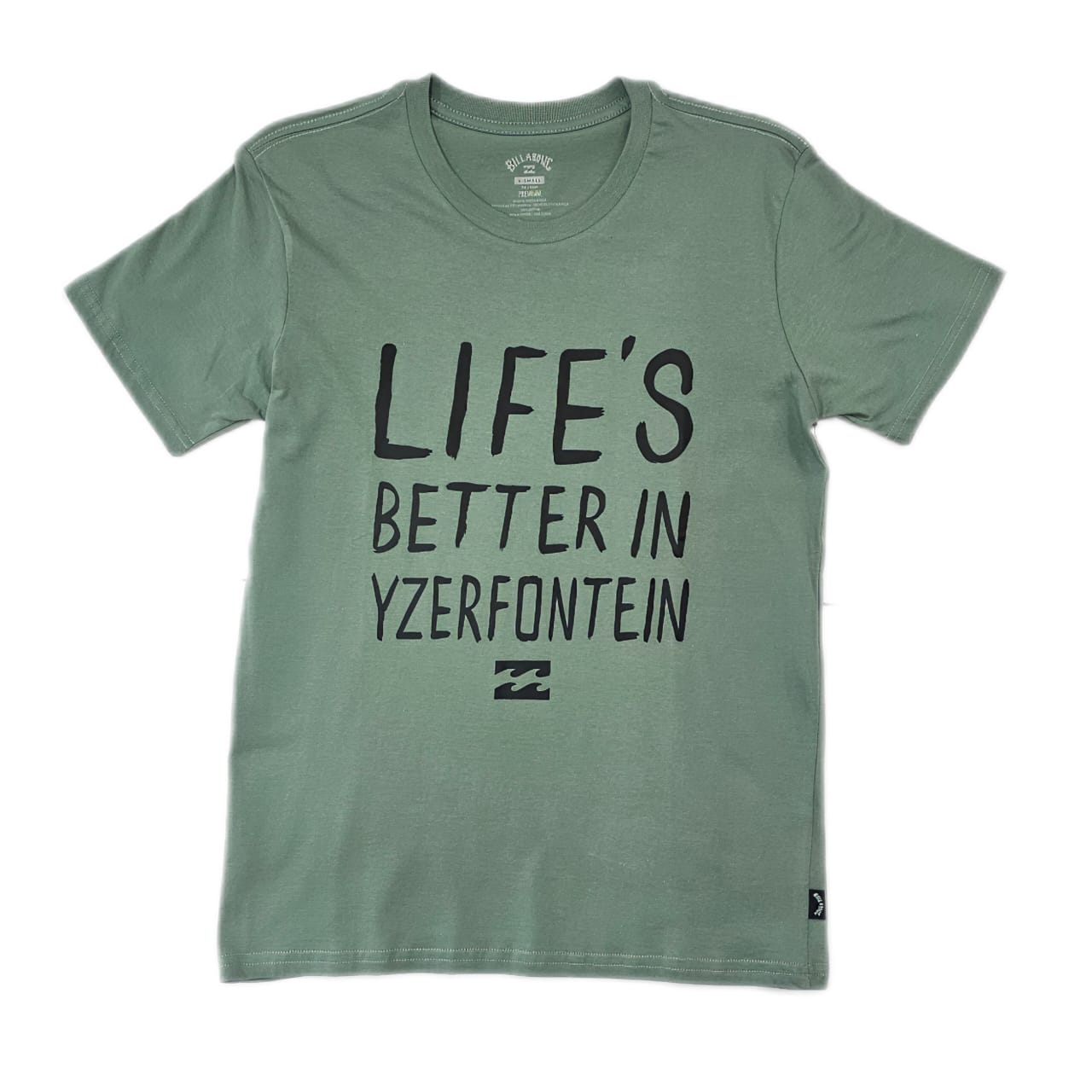 Green t-shirt with 'Life's Better in Yzerfontein' text on a white background