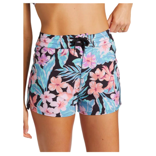 Tropical floral shorts worn by a person on a white background