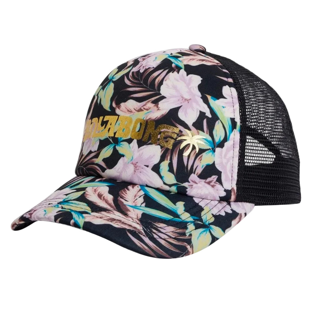 Floral patterned cap with brand logo on a white background