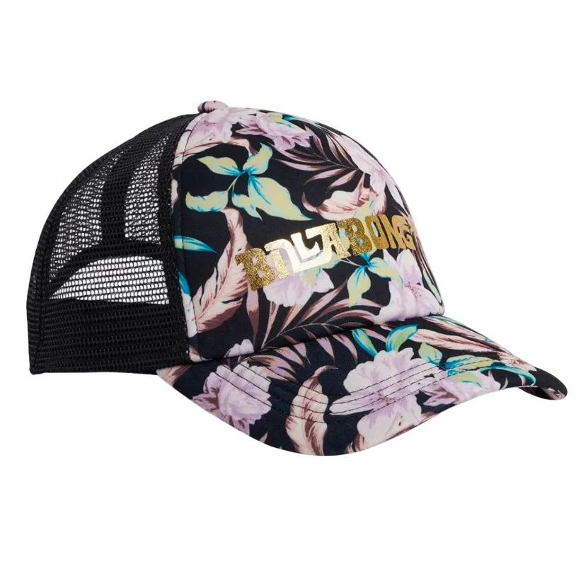 Floral patterned cap with mesh back on a white background