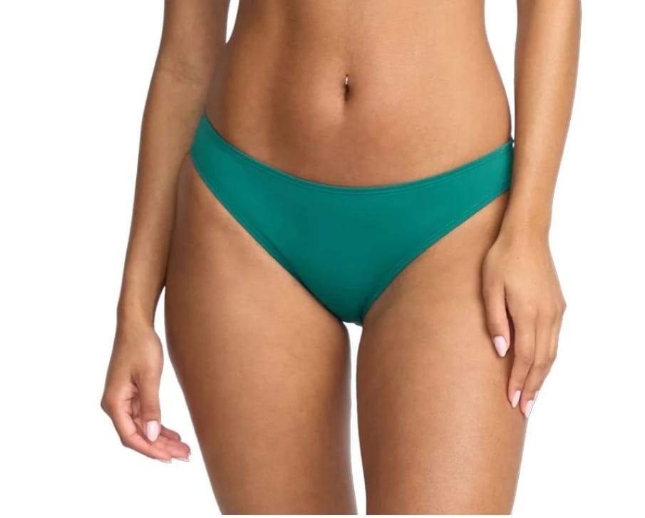 Teal bikini bottom worn by a person on a white background