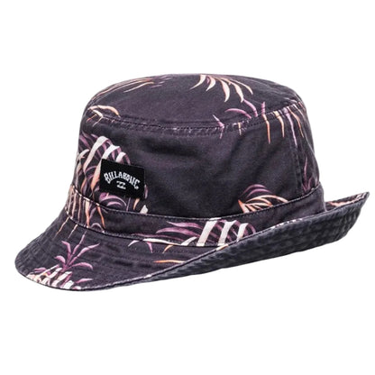 Black bucket hat with floral pattern and Billabong logo on a white background