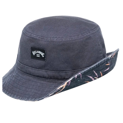 Blue bucket hat with floral band and Billabong logo on a white background