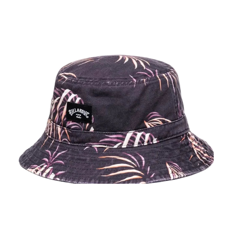 Bucket hat with floral pattern and Billabong logo on a white background