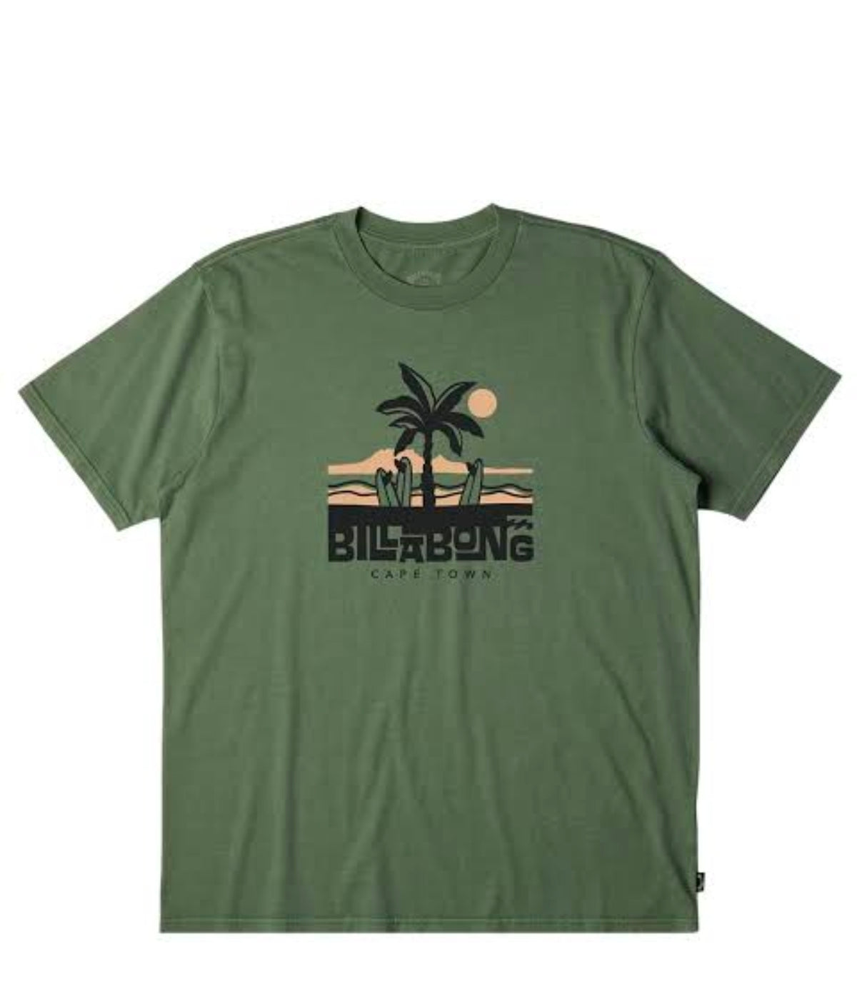 Green t-shirt with Billabong palm tree design on a white background