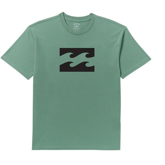 Green t-shirt with a black logo on a white background