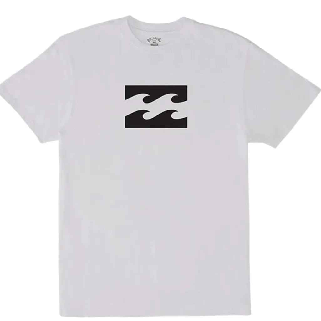 White t-shirt with black logo on a white background