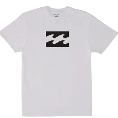 White t-shirt with black logo on a white background
