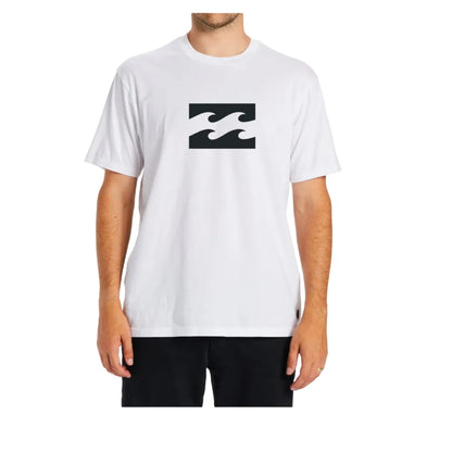Person wearing a white t-shirt with a black logo on a white background