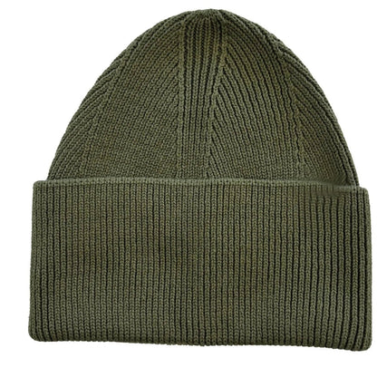 Green knit beanie on a white background