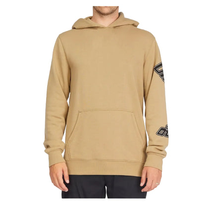 Beige hoodie with brand logo on sleeve against a white background
