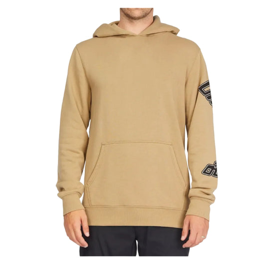 Beige hoodie with brand logo on sleeve against a white background
