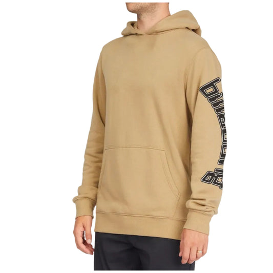 Beige hoodie with black logo on sleeve worn by a person on a white background